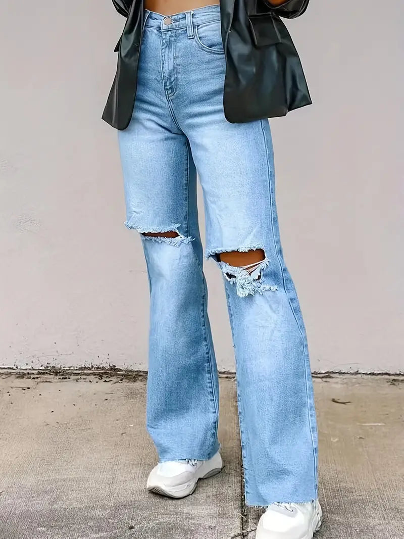 Light Blue Loose Fit Ripped High Waist Denim Jeans