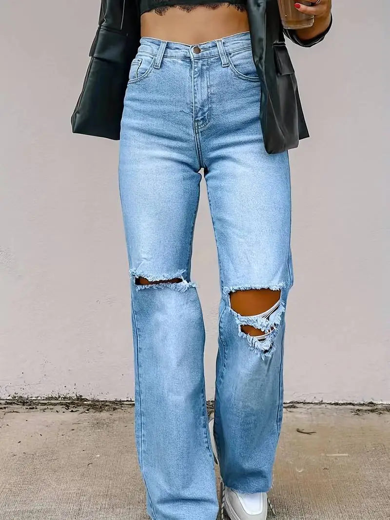 Light Blue Loose Fit Ripped High Waist Denim Jeans