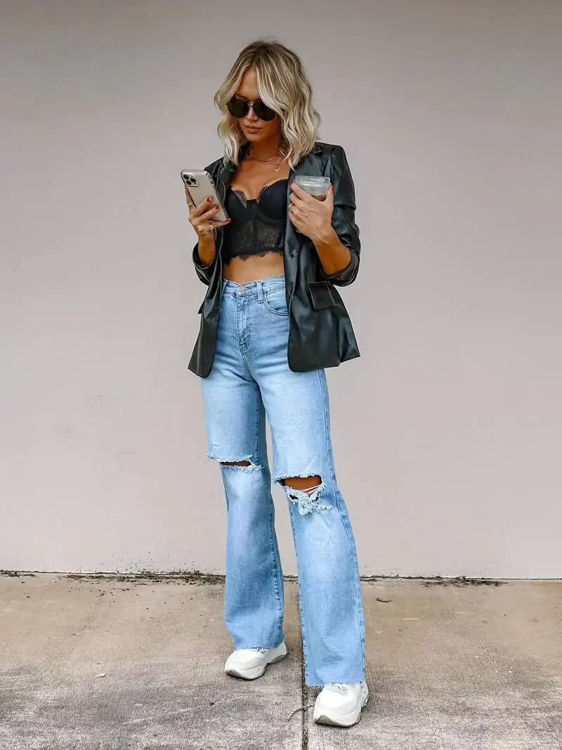 Light Blue Loose Fit Ripped High Waist Denim Jeans