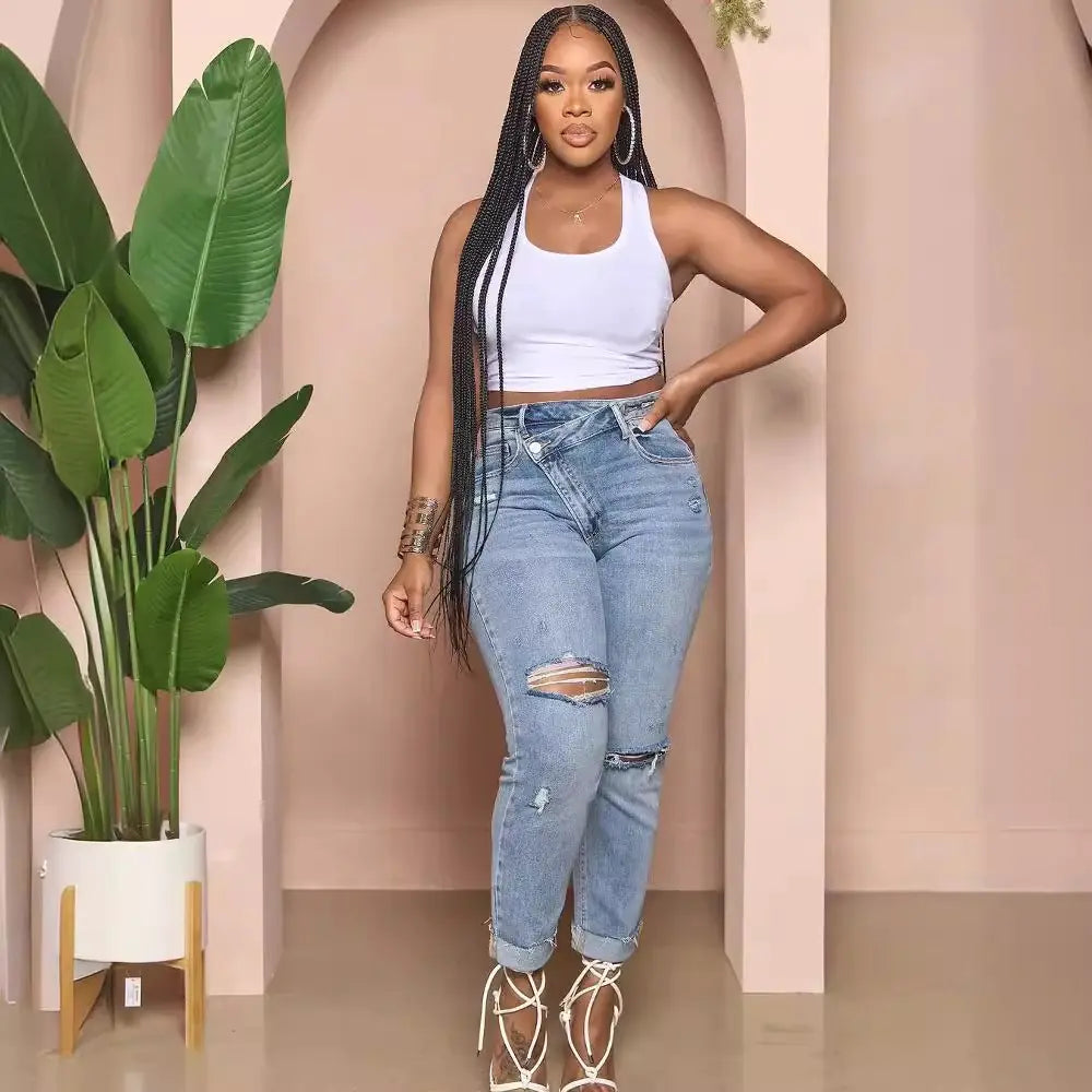 Women's Ripped Diagonal Zipper Jeans