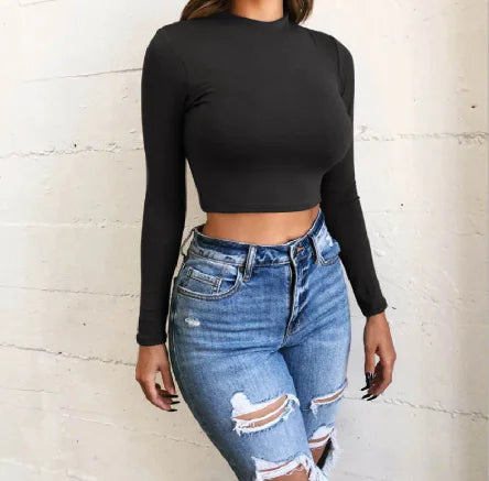 Cropped High Neck Long Sleeve Top in Milk Silk (One Piece)