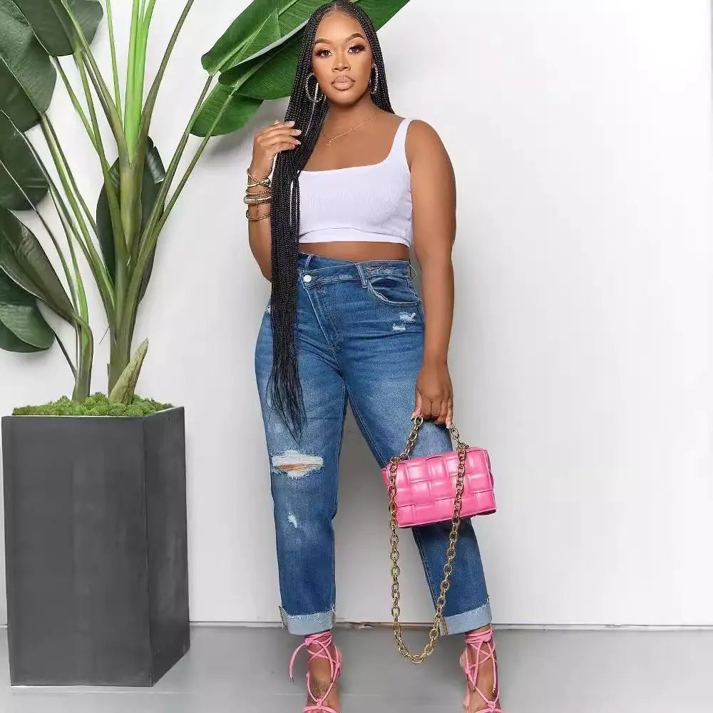 Women's Ripped Diagonal Zipper Jeans