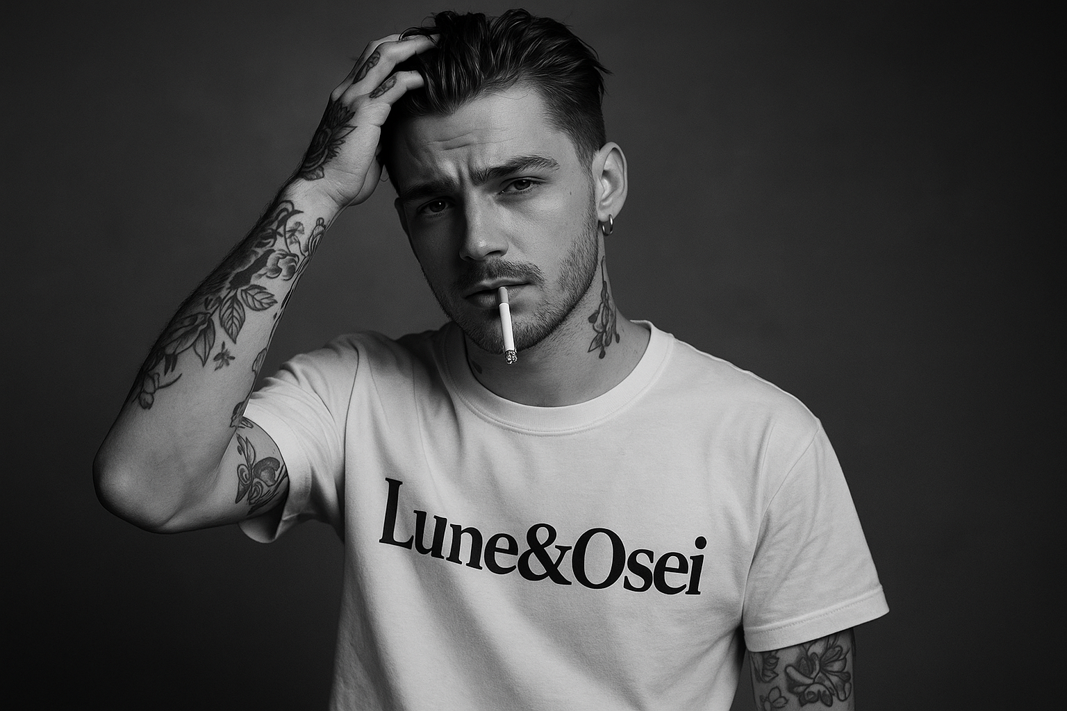 Give him a mini patchy beard and make him using the hand on the cigarette pushing his hair back in a him running his fingers through his hair type of look while he uses his lips to hold his cigarette 