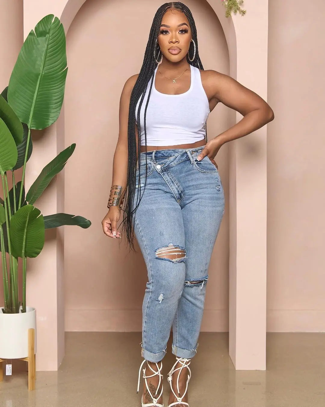 Women's Ripped Diagonal Zipper Jeans