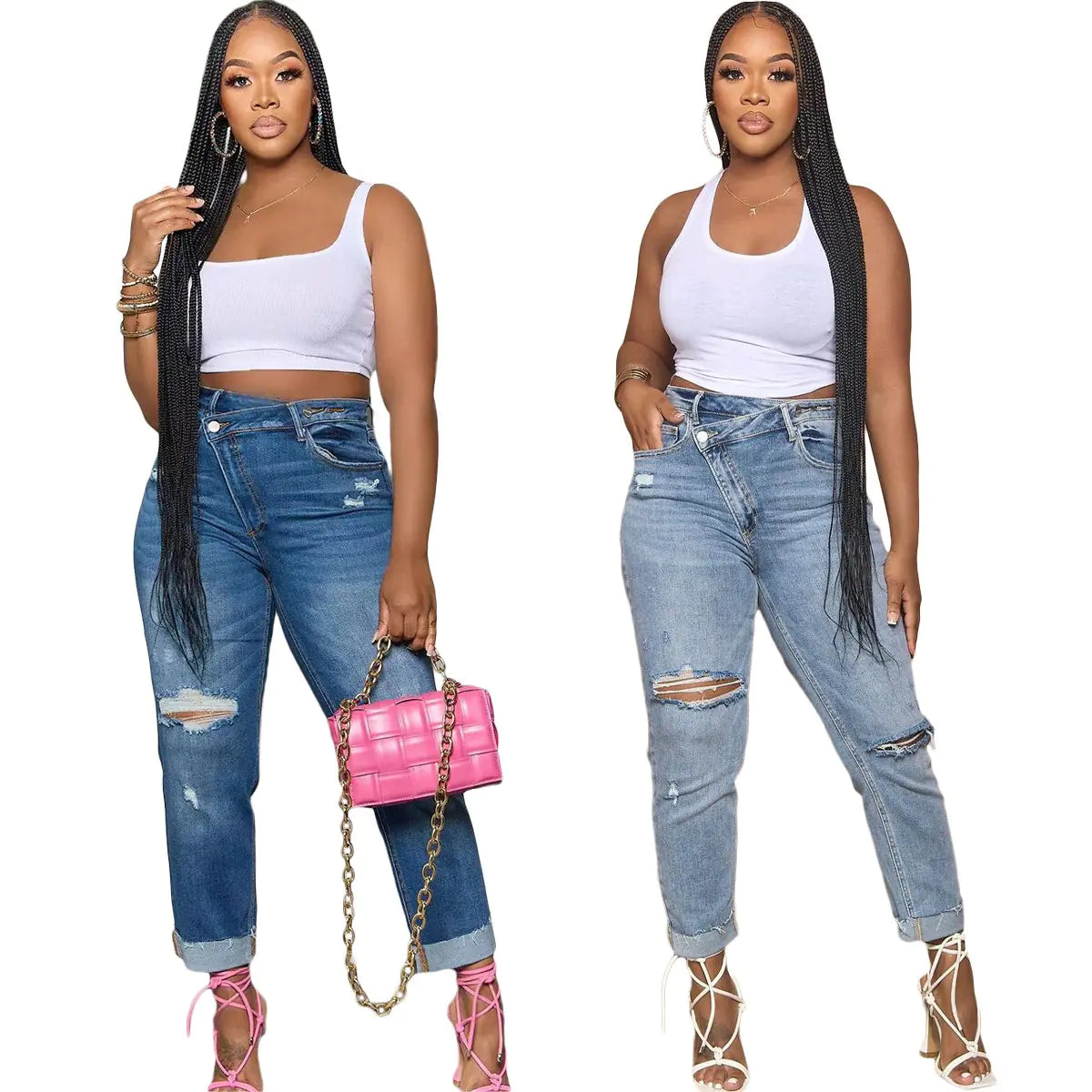 Women's Ripped Diagonal Zipper Jeans